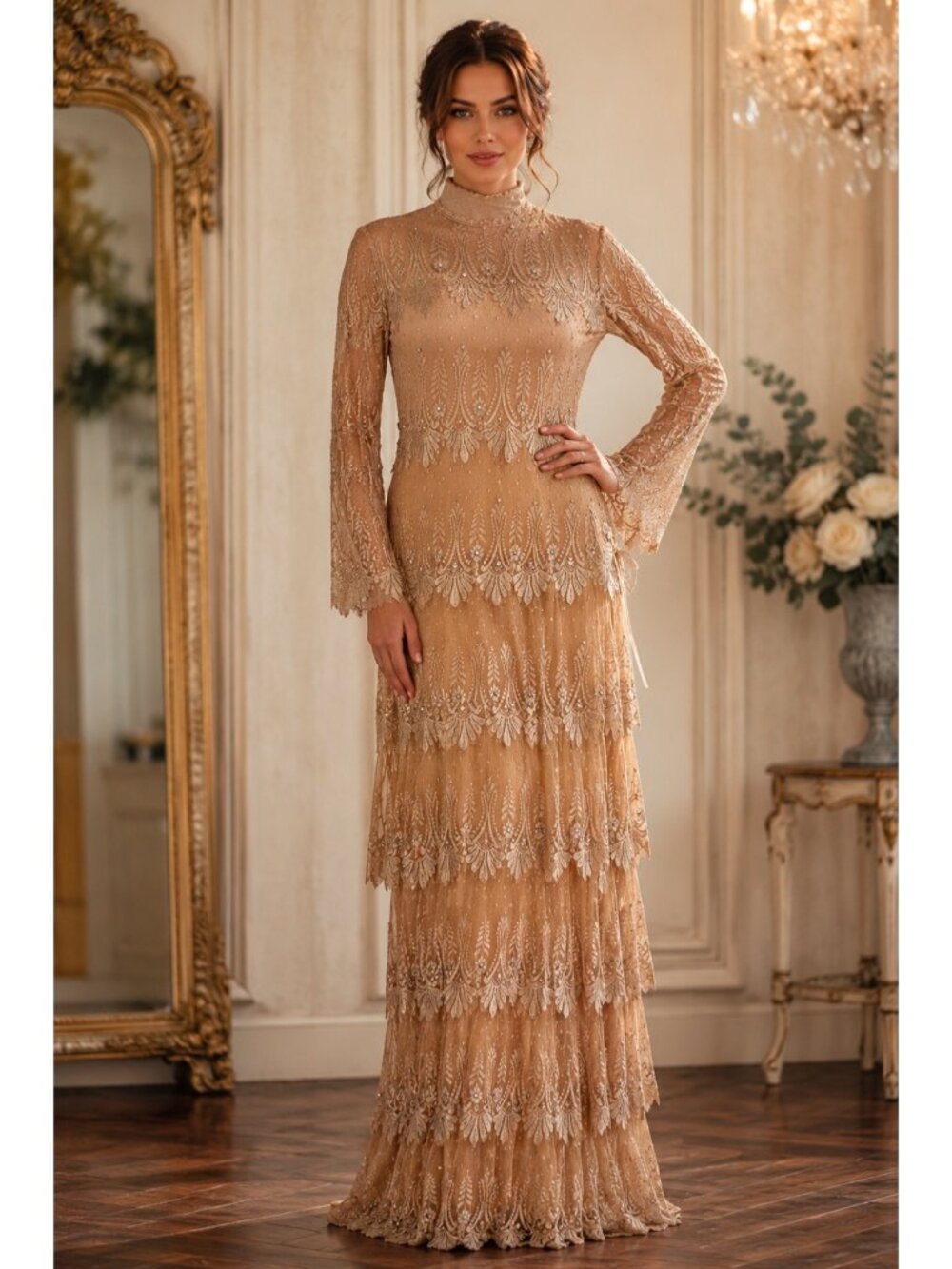 Vintage Rina di Montella Silk Beaded Lace Gown Nude Maxi Formal Dress 6